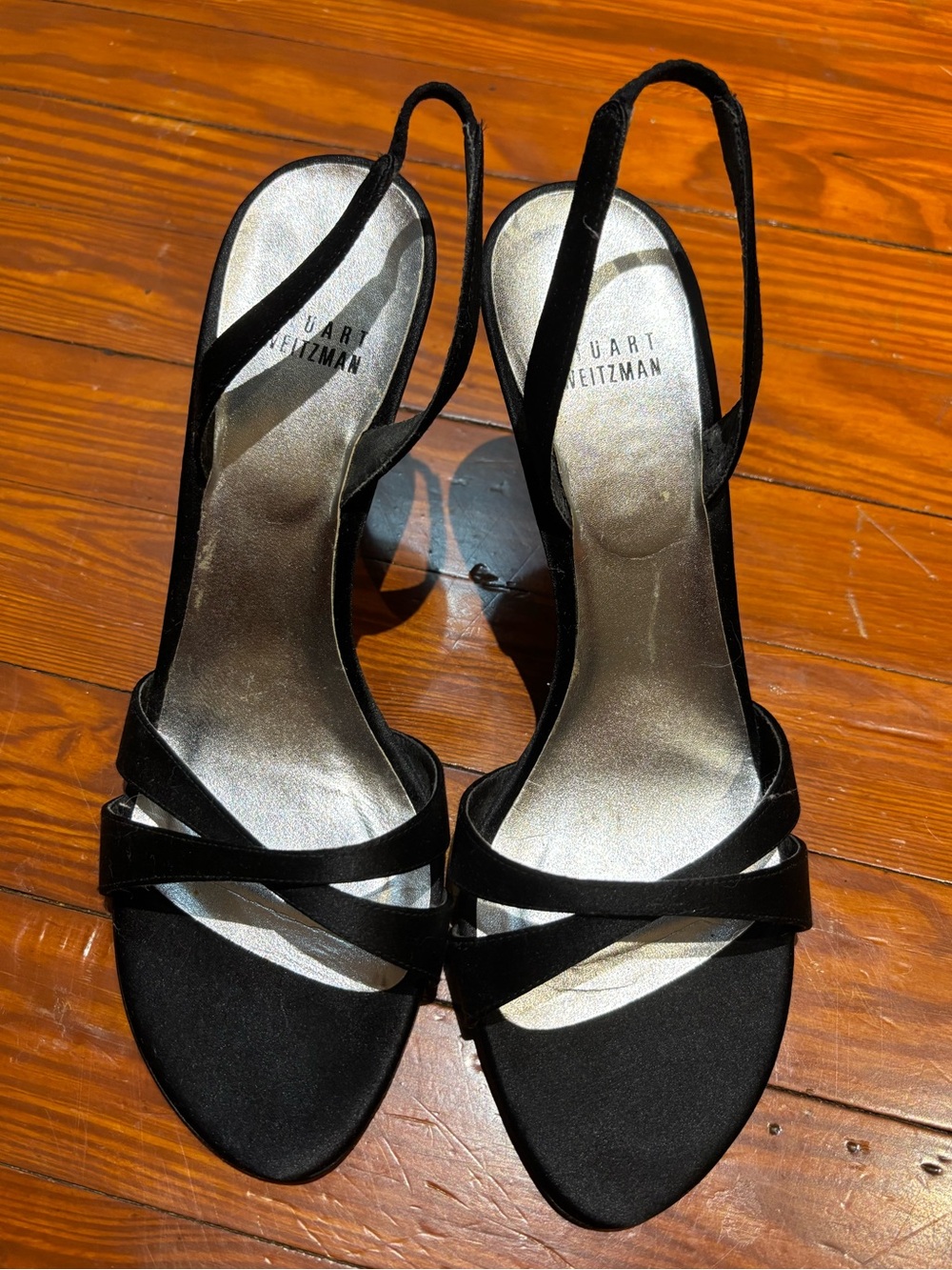 Stuart Weitzman Black Satin Strappy Slingback Heels